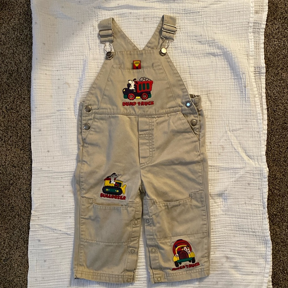 Like new vintage Buster Brown khaki overalls with embroidered truck patches.